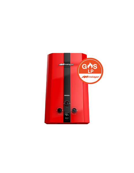 Boiler de Gas LP Mirage FLUX 16L/min | Baja Presión de Agua | Encendido Automático | Alta Capacidad | Color Rojo | Hasta 3 Servicios