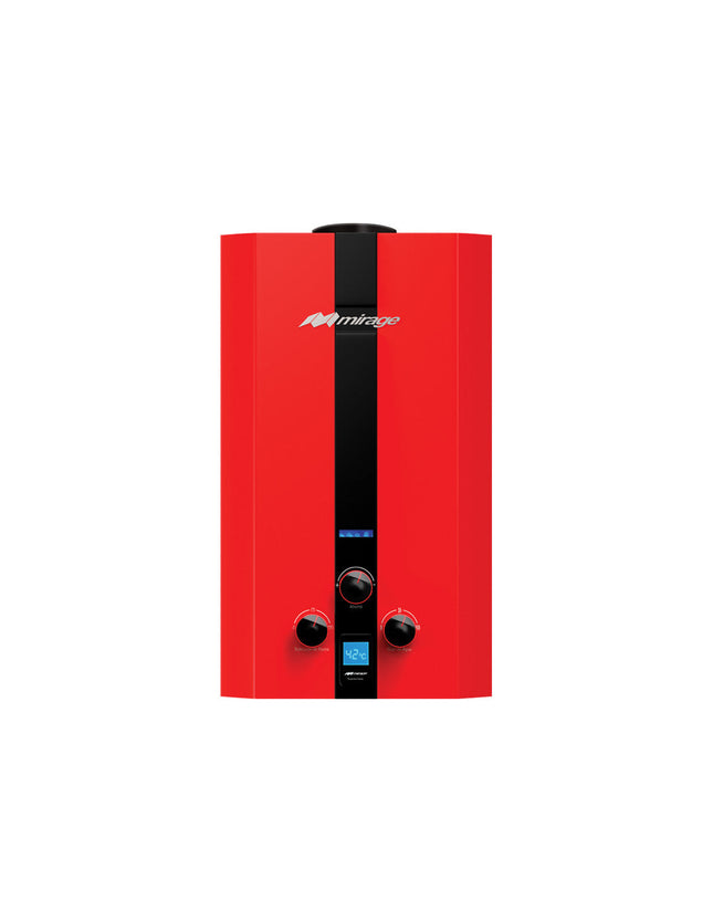 Boiler de Gas LP Mirage FLUX 16L/min | Baja Presión de Agua | Encendido Automático | Alta Capacidad | Color Rojo | Hasta 3 Servicios