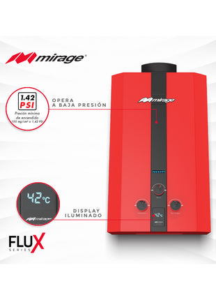 Boiler de Gas LP Mirage FLUX 16L/min | Baja Presión de Agua | Encendido Automático | Alta Capacidad | Color Rojo | Hasta 3 Servicios