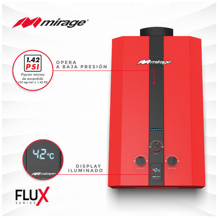 Boiler de Gas LP Mirage FLUX 6L/min | Cero Presión de Agua | Encendido Automático | Color Rojo | Instantáneo | Bajo Consumo