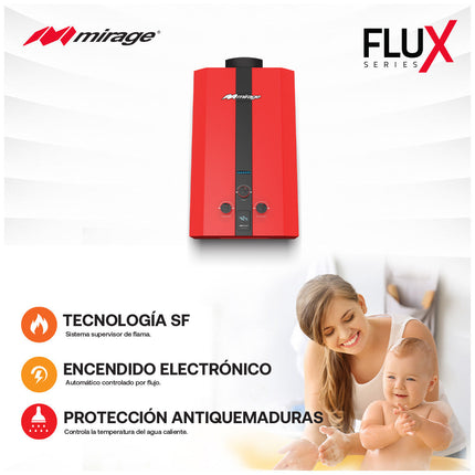 Boiler de Gas LP Mirage FLUX 6L/min | Cero Presión de Agua | Encendido Automático | Color Rojo | Instantáneo | Bajo Consumo