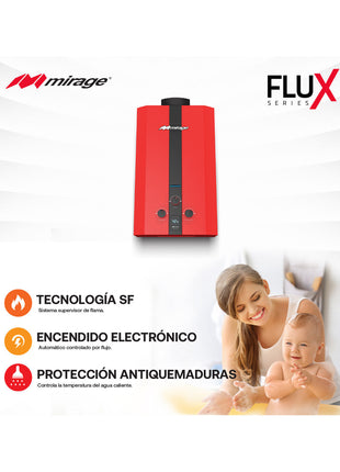 Boiler de Gas LP Mirage FLUX 10L/min | Baja Presión de Agua | Encendido Automático | Instantáneo | Color Rojo | Para 1-2 Servicios